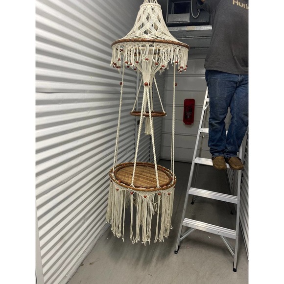 Handmade Other - Beautiful Vintage Macrame & Rattan 60/70s Hanging 2 Tiered Table Hippie, Boho 77